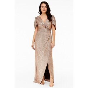 NW Nightway Womens Metallic Maxi Wrap Dress Gold Size 4